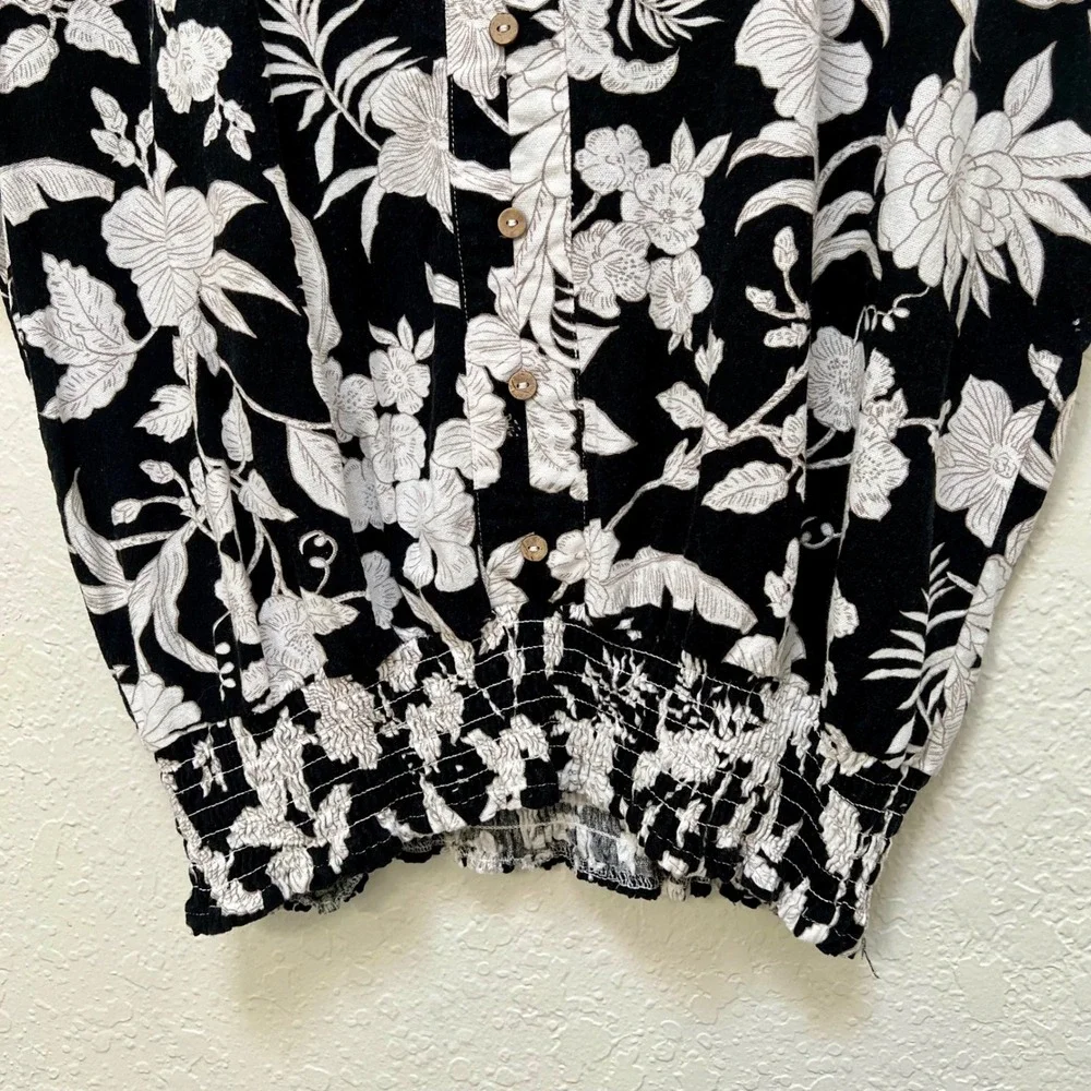 Joie De Vivre Womens XL Black White Floral Smocked Hem Linen Blend Blouse Top